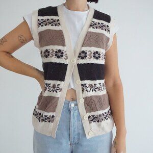 Vintage Cuddle Knit Brown Cream Fair Isle Nordic Button Front Sweater Vest L